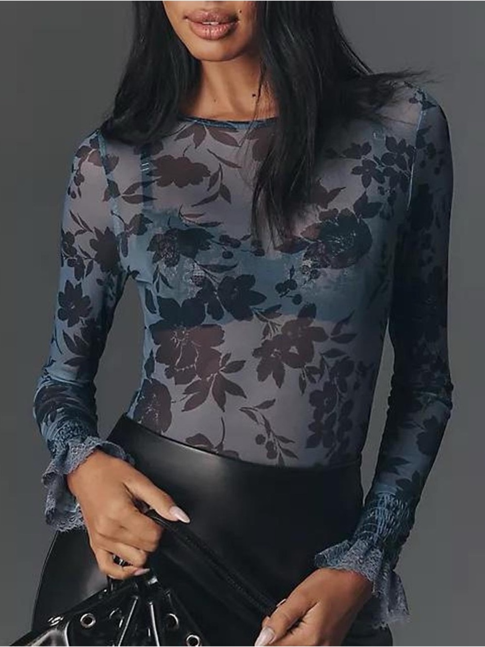 Anthropologie Navy Sheer Floral Mesh Long-Sleeve Top